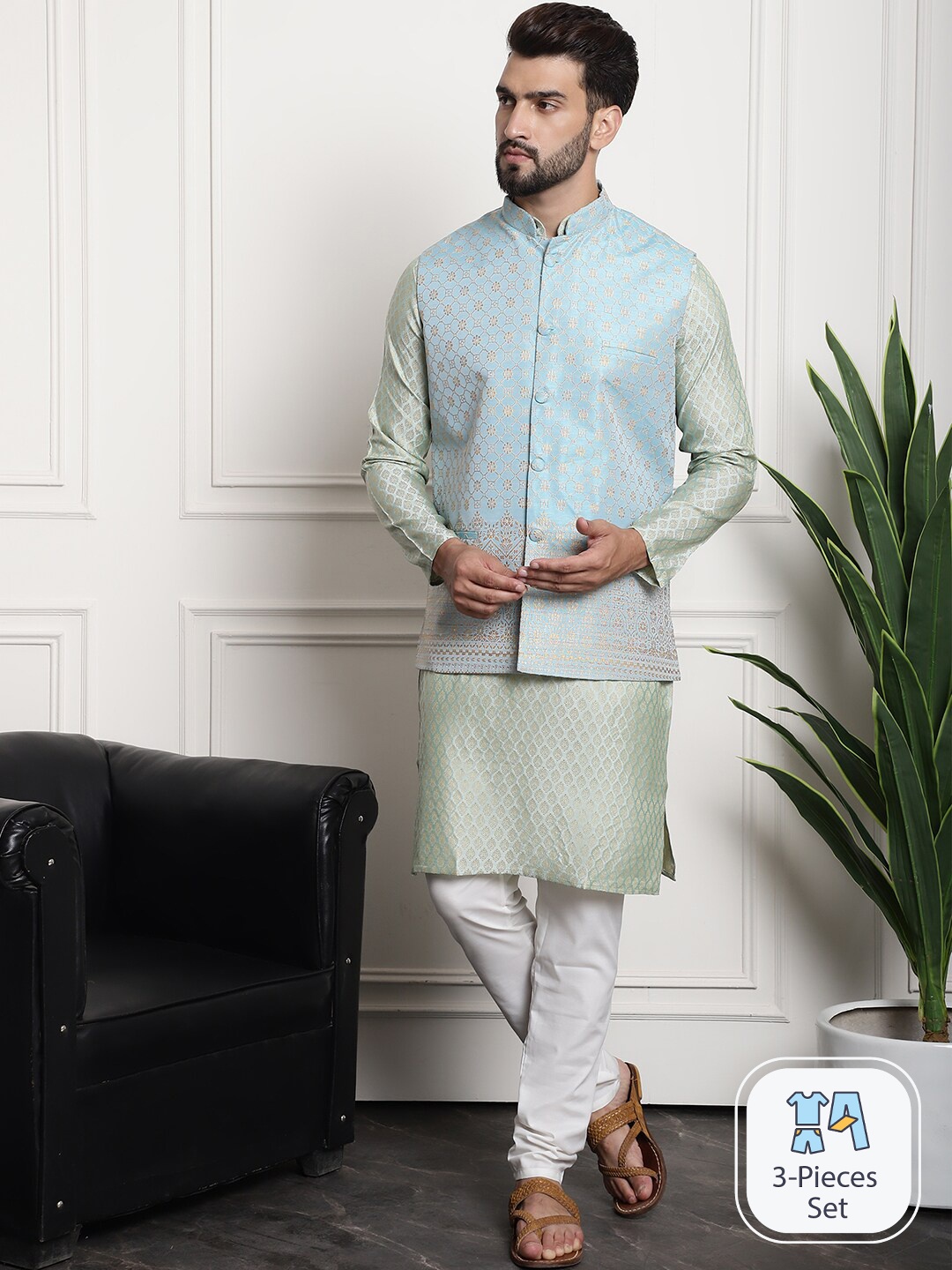 

SOJANYA Ethnic Motifs Woven Design Regular Kurta & Churidar With Nehru Jacket, Green