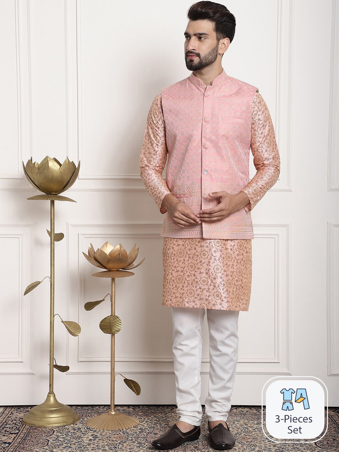 

SOJANYA Floral Printed Regular Kurta & Churidar With Nehru Jacket, Pink