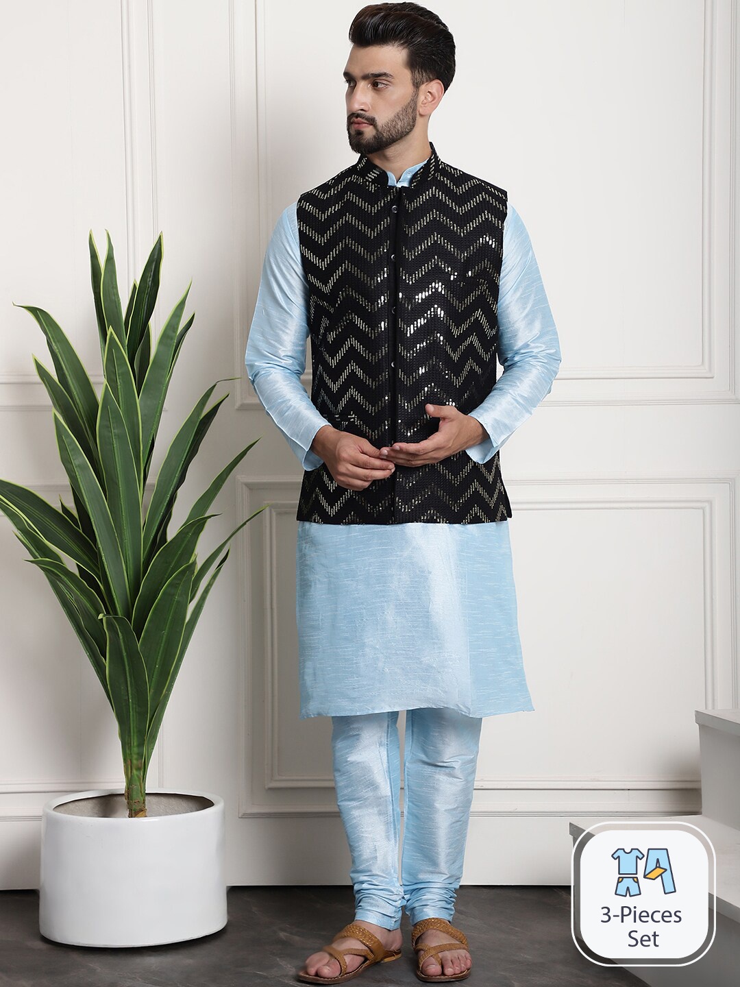 

SOJANYA Sequined Embellished Regular Kurta & Churidar With Nehru Jacket, Blue