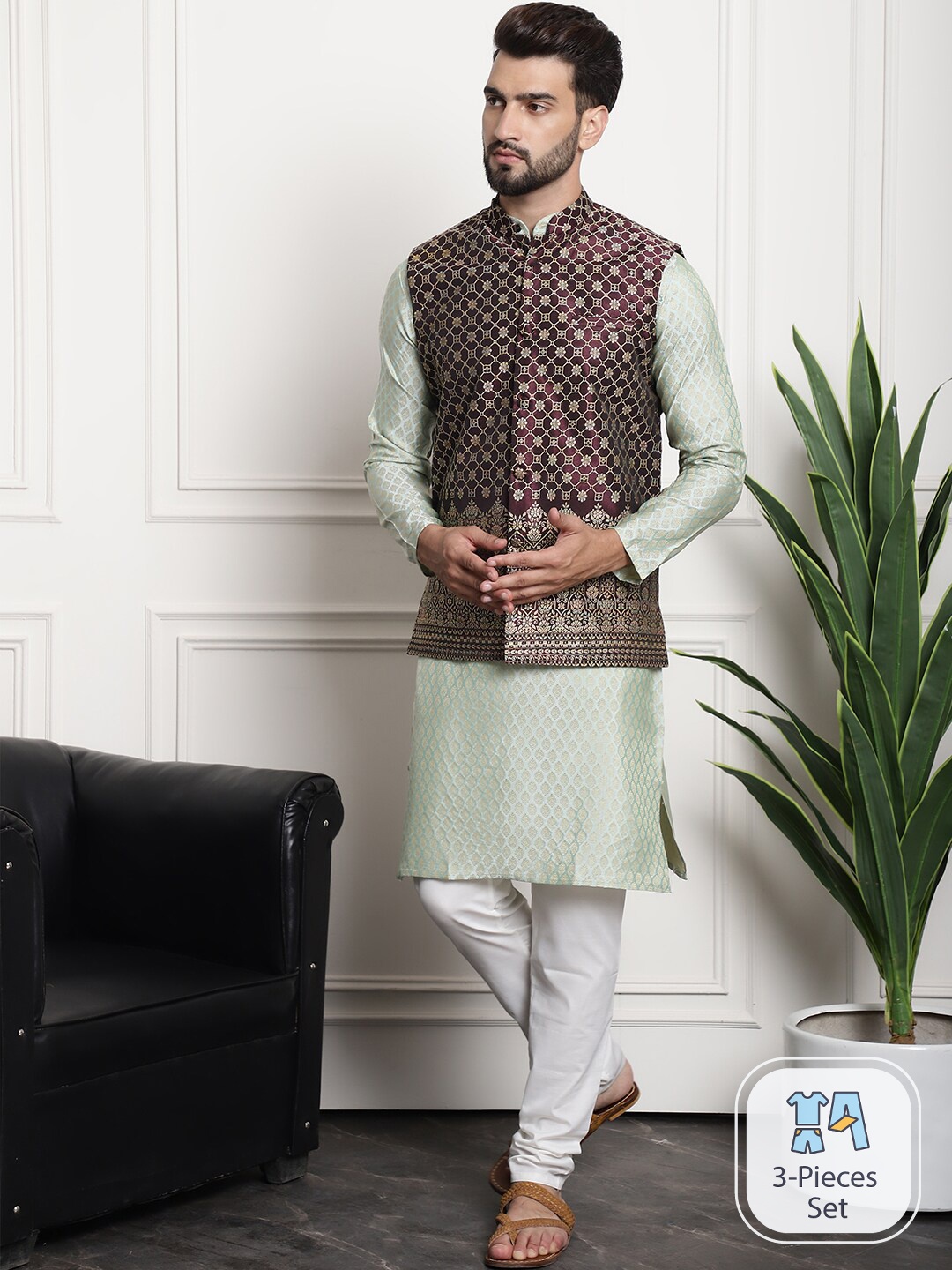 

SOJANYA Ethnic Motifs Kurta With Churidar & Nehru Jacket, Green