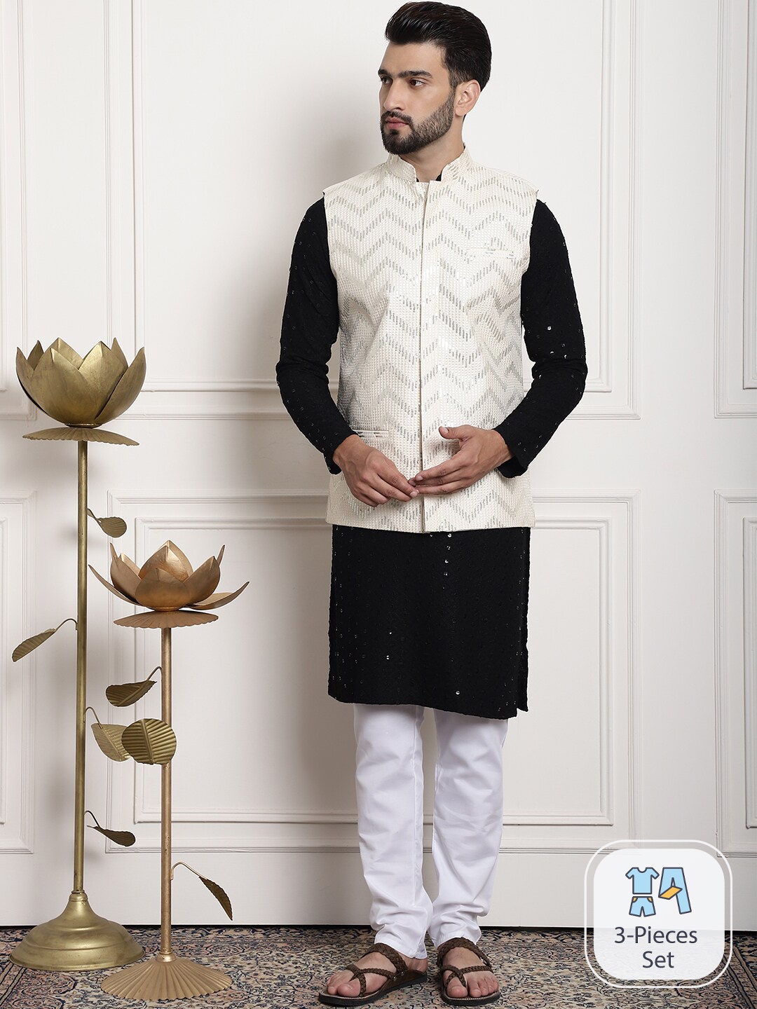 

SOJANYA Floral Embroidered Pure Cotton Sequinned Kurta With Churidar & Nehru Jacket, Black