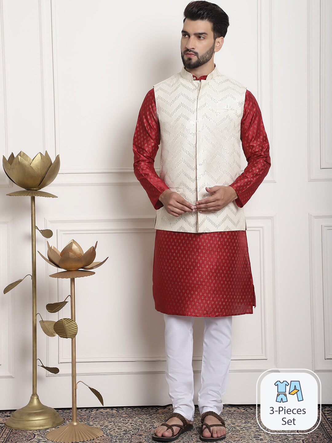 

SOJANYA Floral Woven Design Kurta With Churidar & Nehru Jacket, Maroon