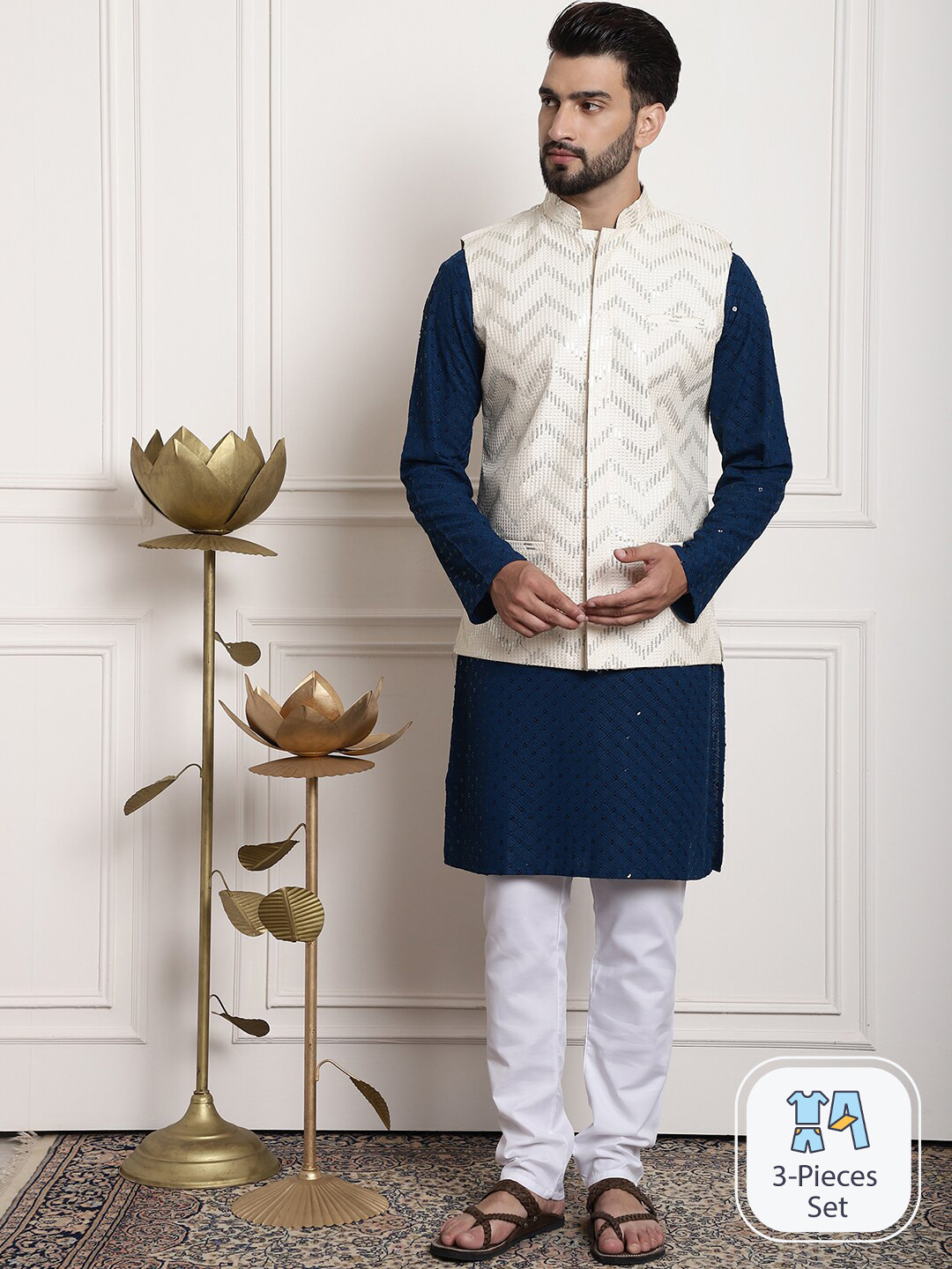 

SOJANYA Geometric Embroidered Sequinned Pure Cotton Kurta With Churidar & Nehru Jacket, Blue