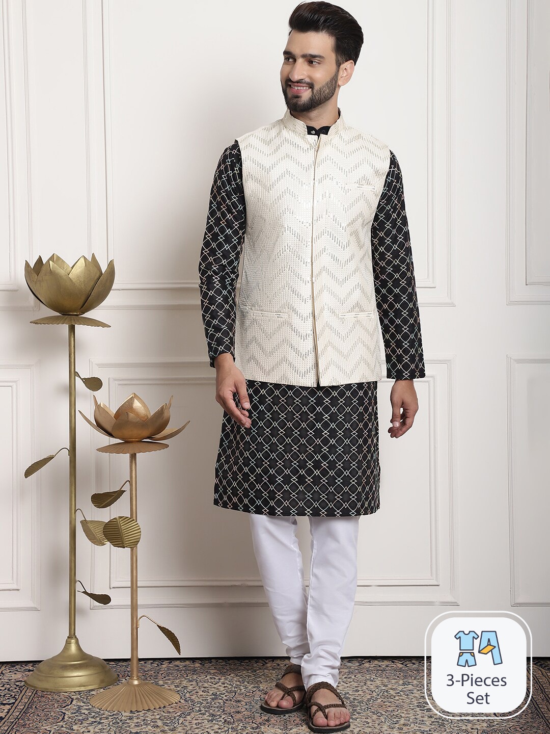 

SOJANYA Geometric Embroidered Kurta With Churidar & Nehru Jacket, Black