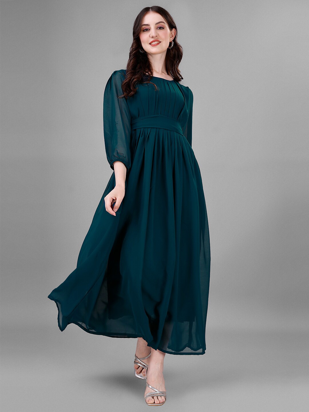 

Femvy Puff Sleeves Accordion Pleated Georgette Maxi Dress, Teal