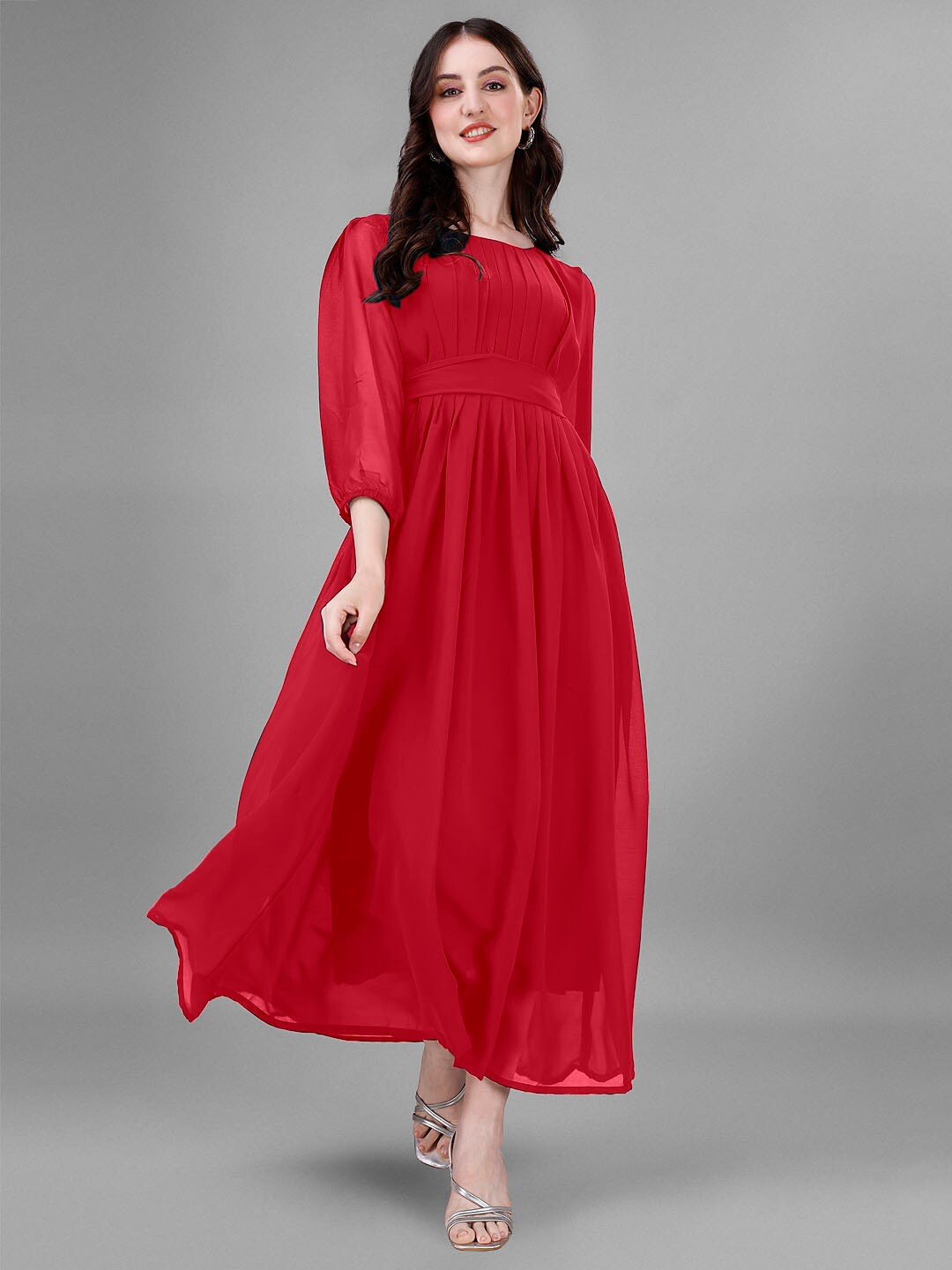 

Femvy Puff Sleeves Accordion Pleated Georgette Maxi Dress, Red