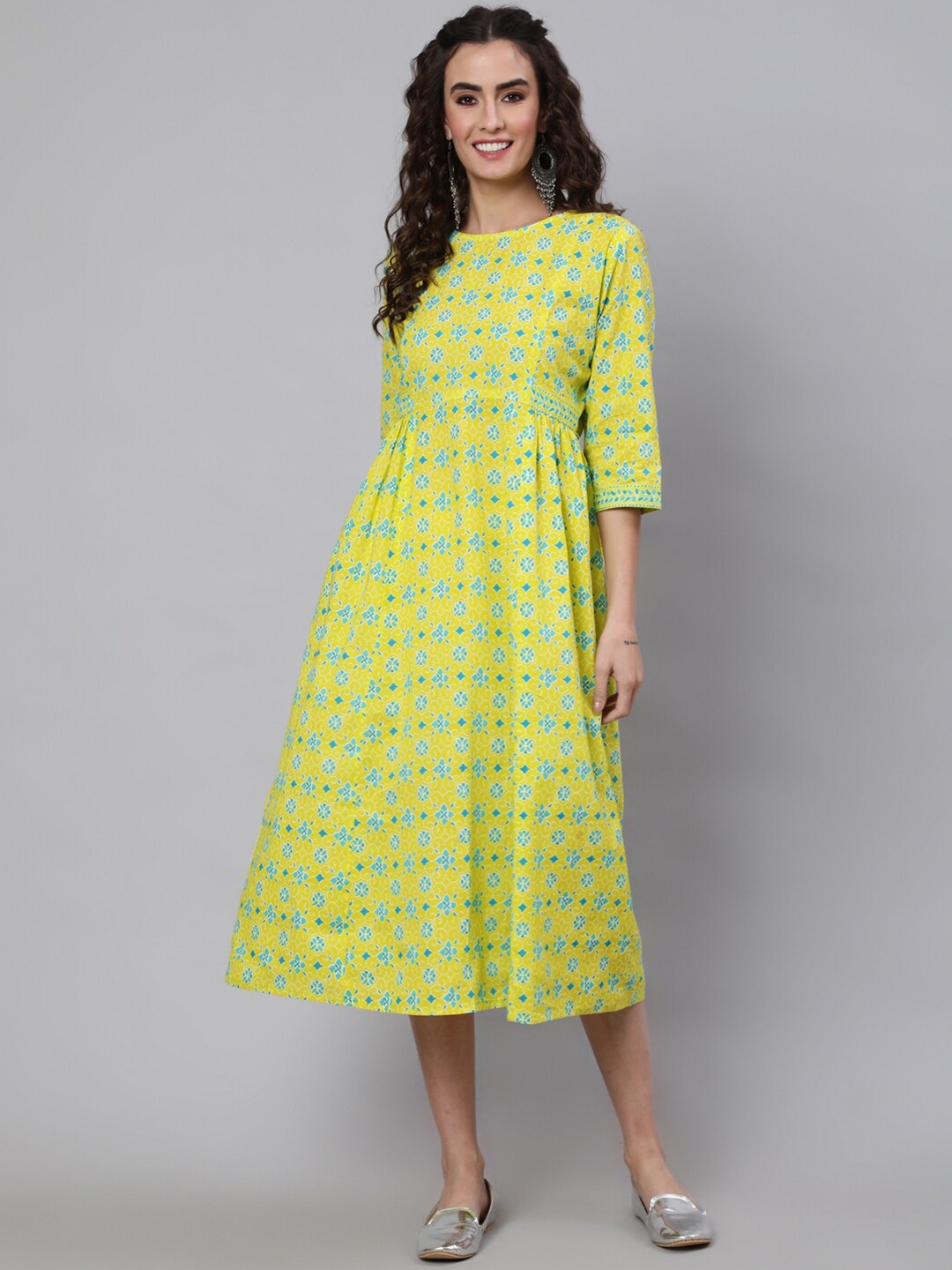 

Nayo Ethnic Motifs Printed Cotton A-Line Midi Dress, Yellow