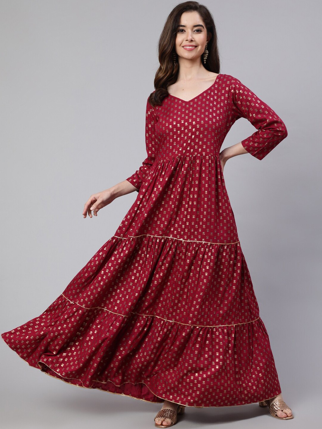 

Nayo Floral Printed Layered Cotton Maxi Ethnic Dress, Burgundy