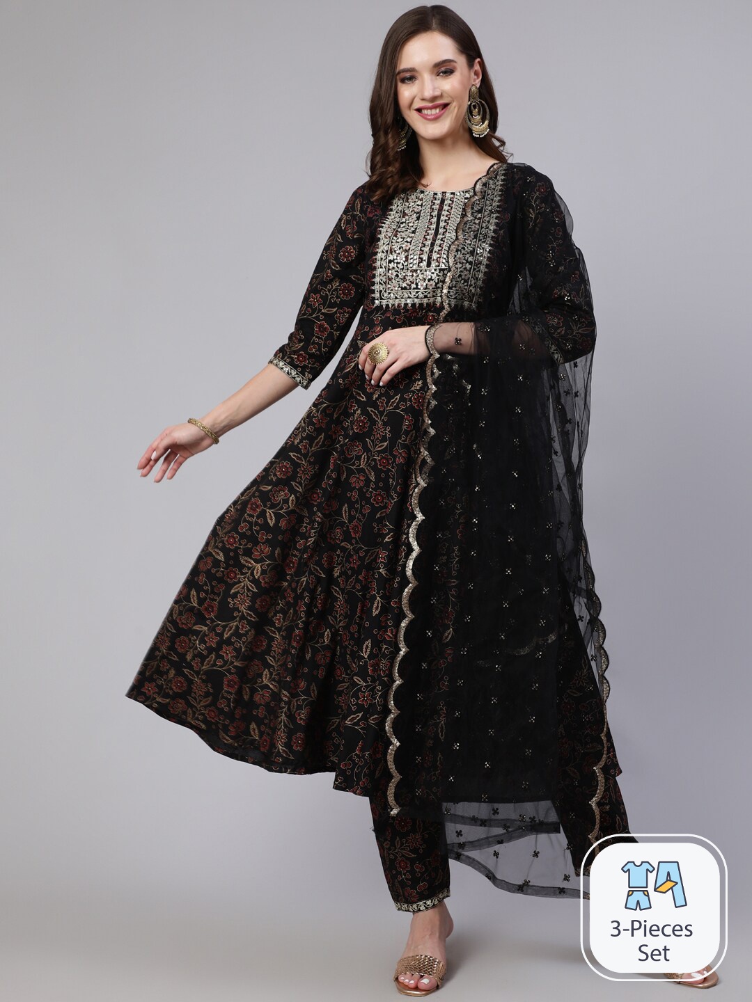 

Nayo Floral Printed Regular Thread Work Pure Cotton Anarkali Kurta & Trousers With Dupatta, Black