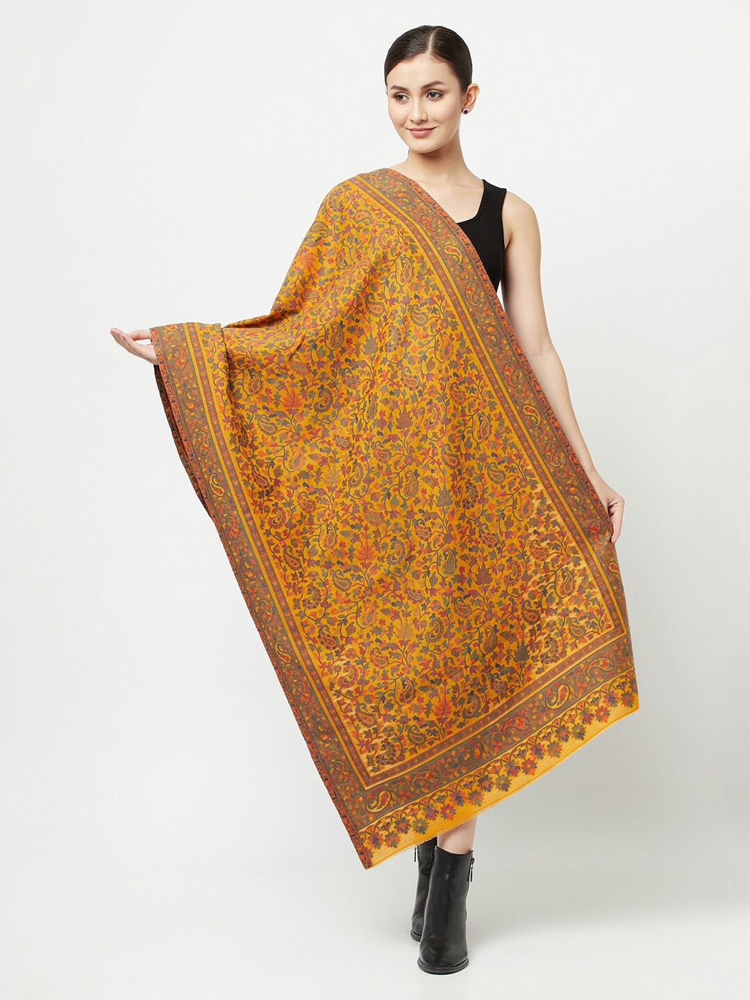 

La Vastraa Women Kani Woven Wool Shawl, Mustard