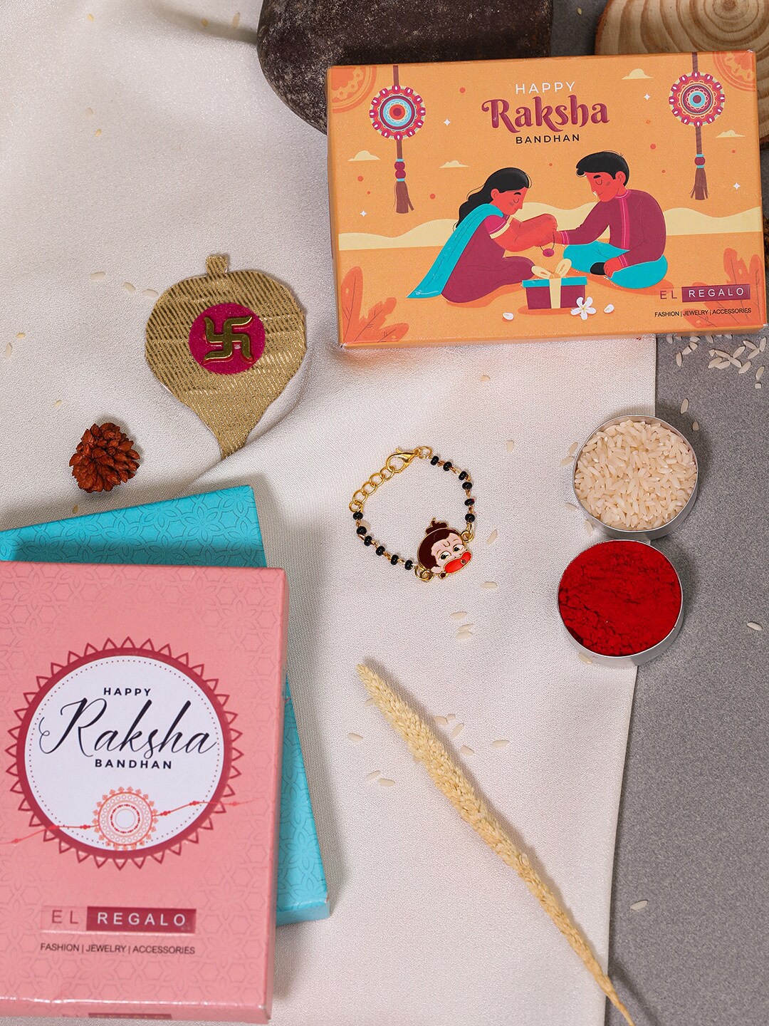 

EL REGALO Kids Beaded & Enamelled Chota Bheem Rakhi With Roli & Chawal, Gold