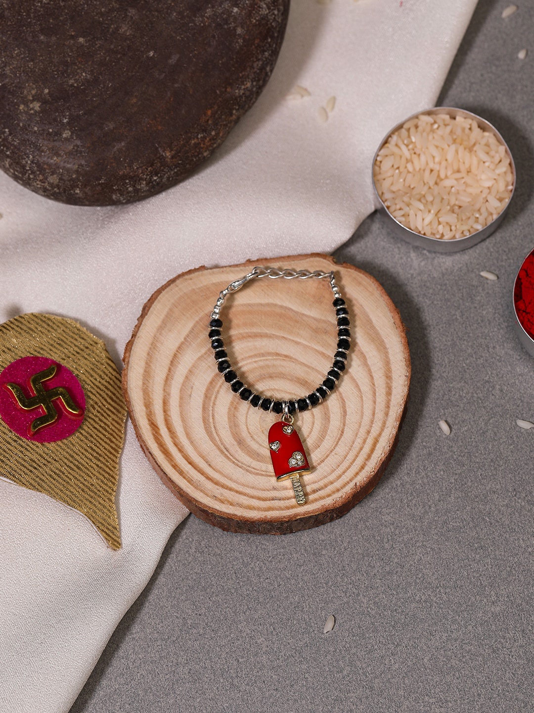 

EL REGALO Kids Beaded & Stone-studded Rakhi With Roli And Chawal, Red