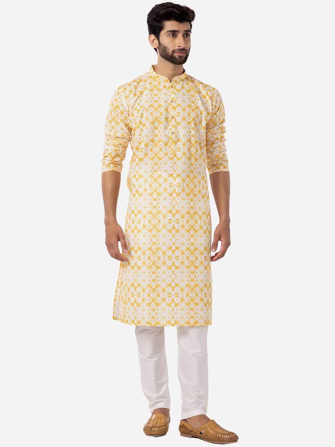 

THE KURTA COMPANY Ethnic Motifs Printed Mandarin Collar Long Sleeves Straight Kurta, Yellow