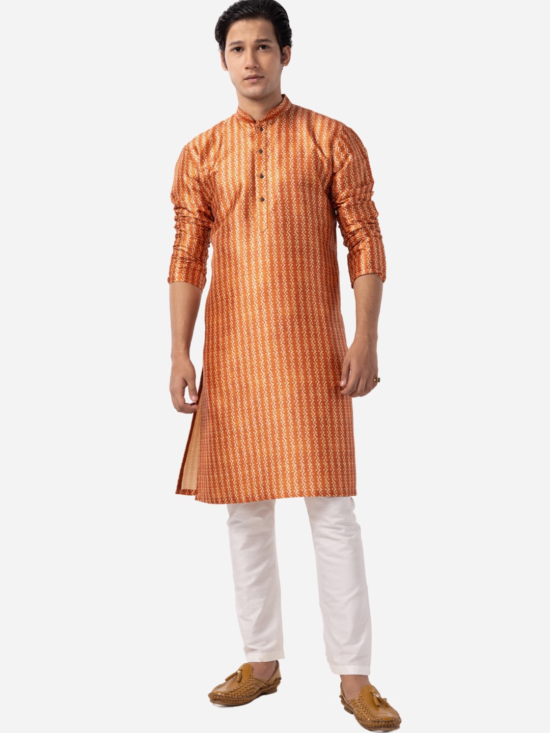 

THE KURTA COMPANY Striped Mandarin Collar Straight Kurta, Brown