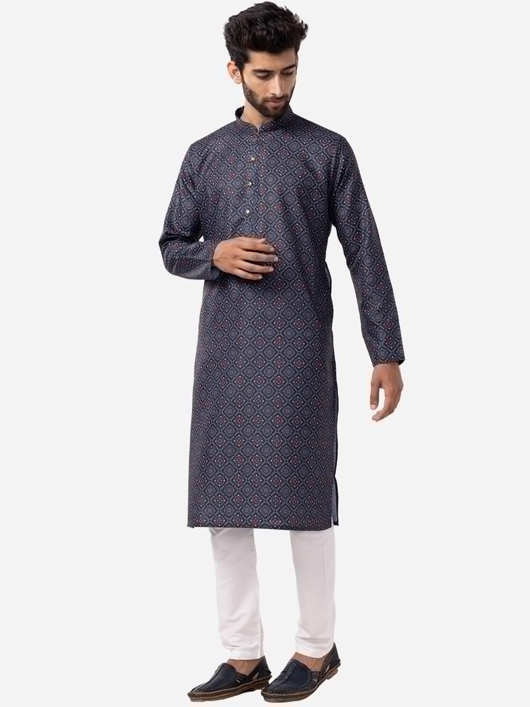 

THE KURTA COMPANY Ethnic Motifs Printed Mandarin Collar Straight Kurta, Navy blue