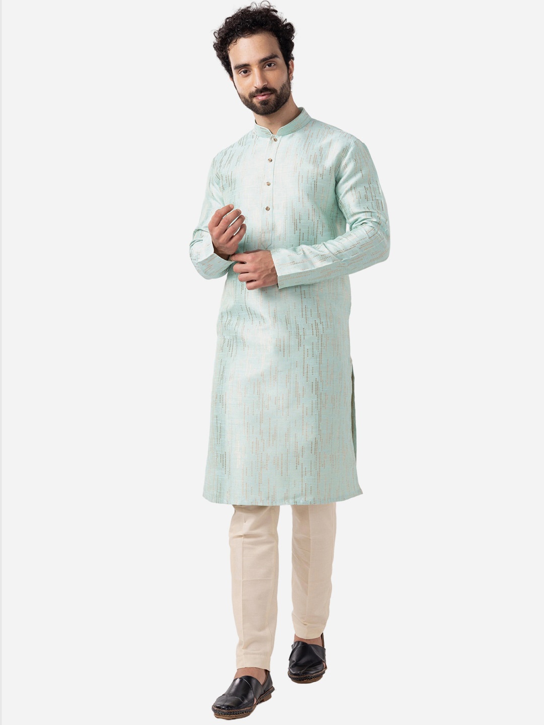 

THE KURTA COMPANY Geometric Printed Mandarin Collar Kurta, Sea green