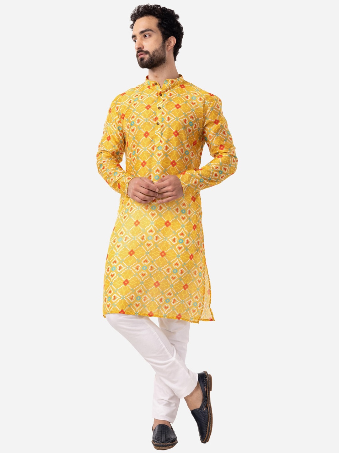 

THE KURTA COMPANY Ethnic Motifs Printed Mandarin Collar Silk Straight Kurta, Yellow