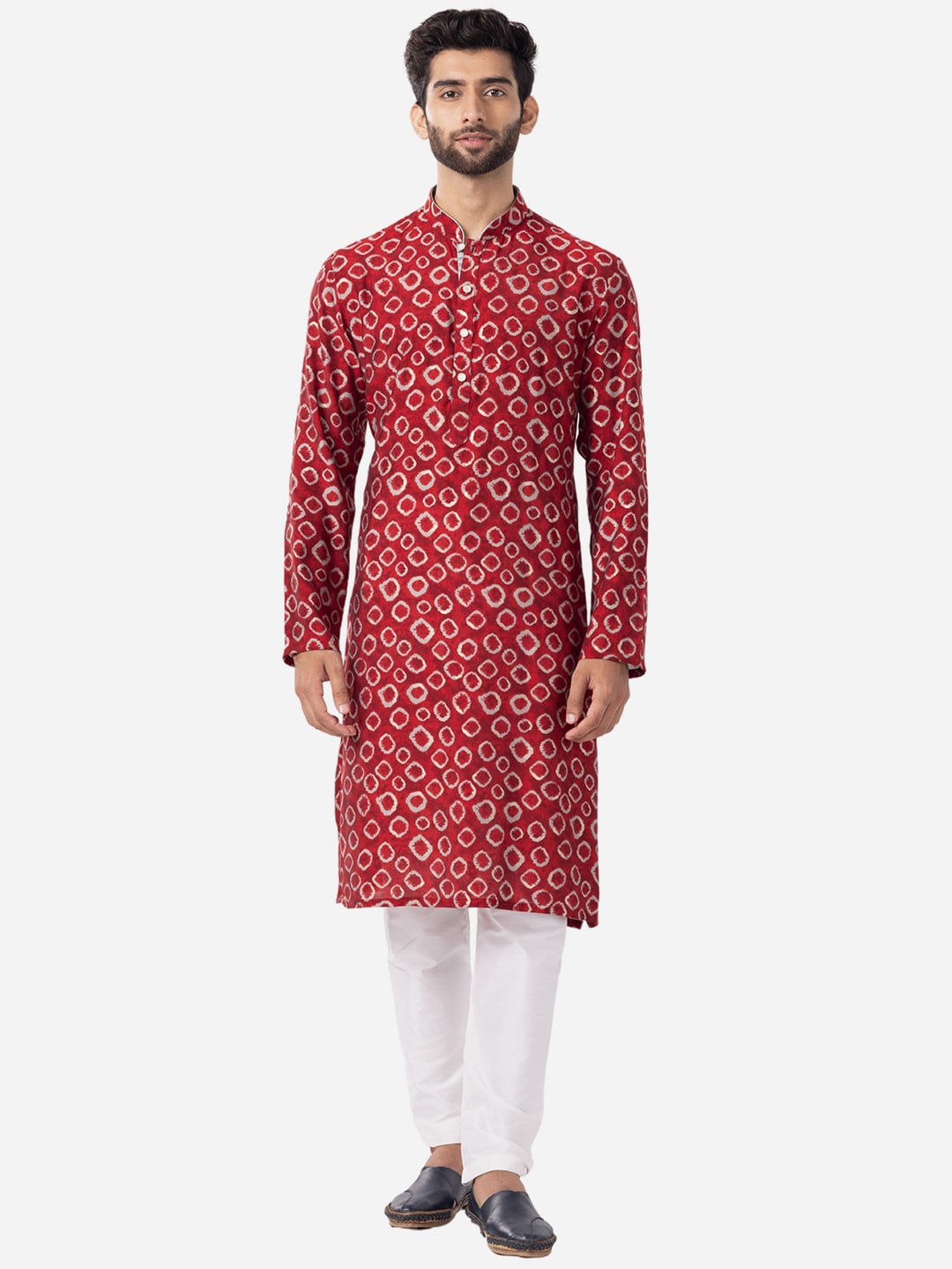 

THE KURTA COMPANY Geometric Printed Mandarin Collar Silk Kurta, Red