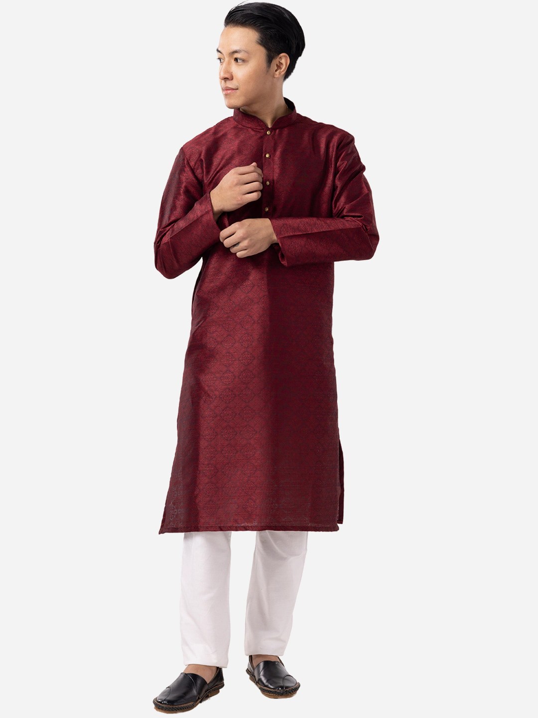 

THE KURTA COMPANY Woven Design Mandarin Collar Long Sleeves Straight Kurta, Red