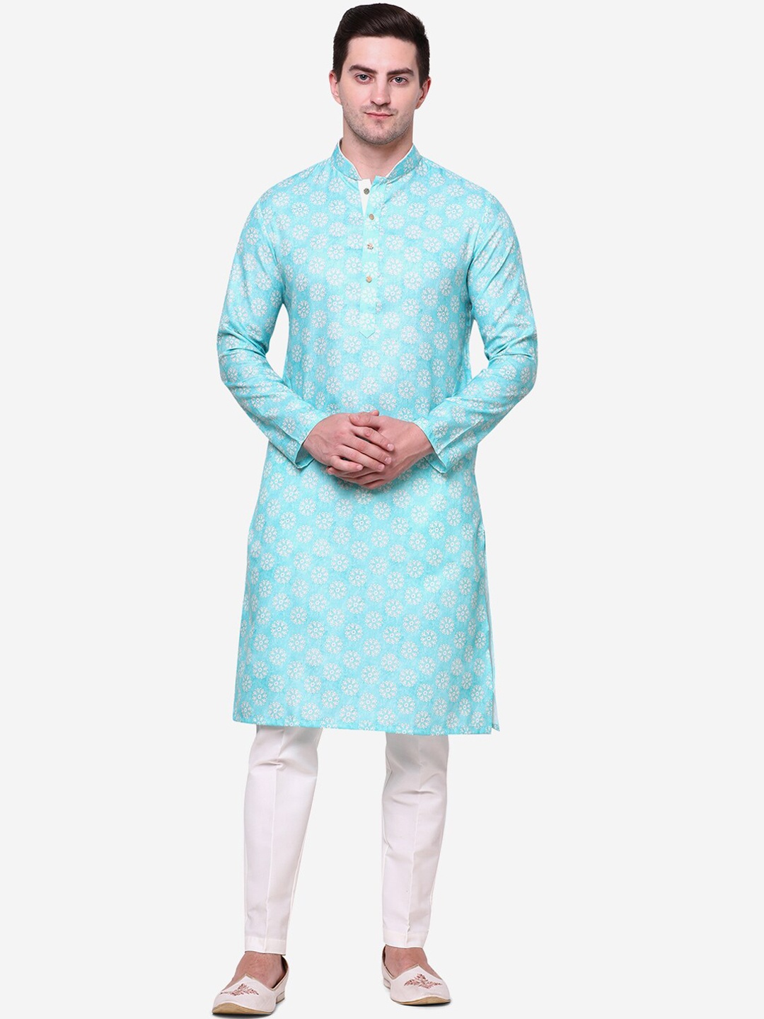 

THE KURTA COMPANY Floral Printed Mandarin Collar Cotton Silk Kurta, Green