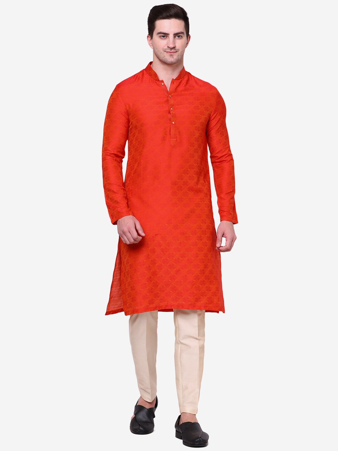 

THE KURTA COMPANY Woven Design Mandarin Collar Straight Kurta, Orange