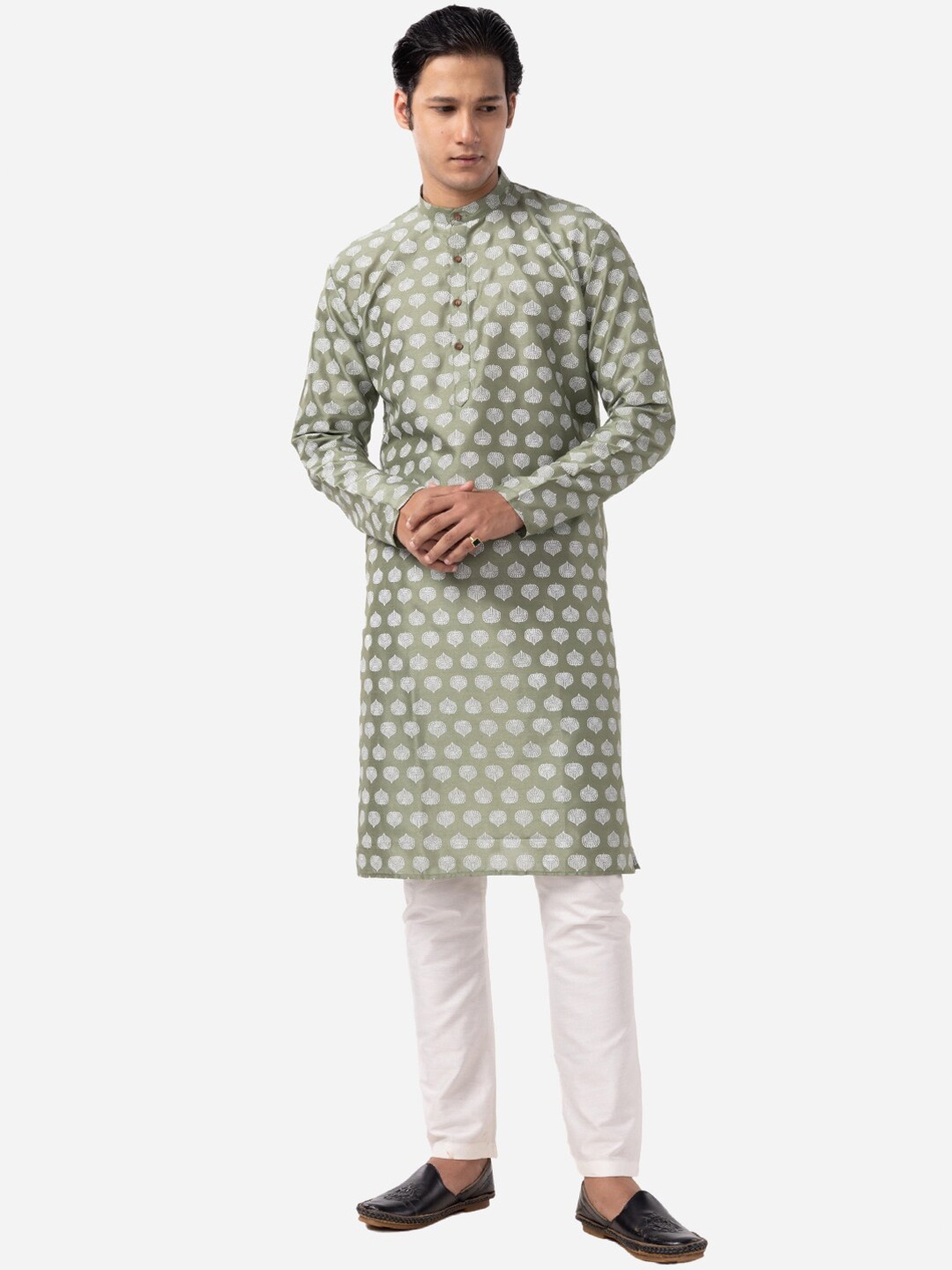 

THE KURTA COMPANY Ethnic Motifs Printed Mandarin Collar Cotton Silk Kurta, Green