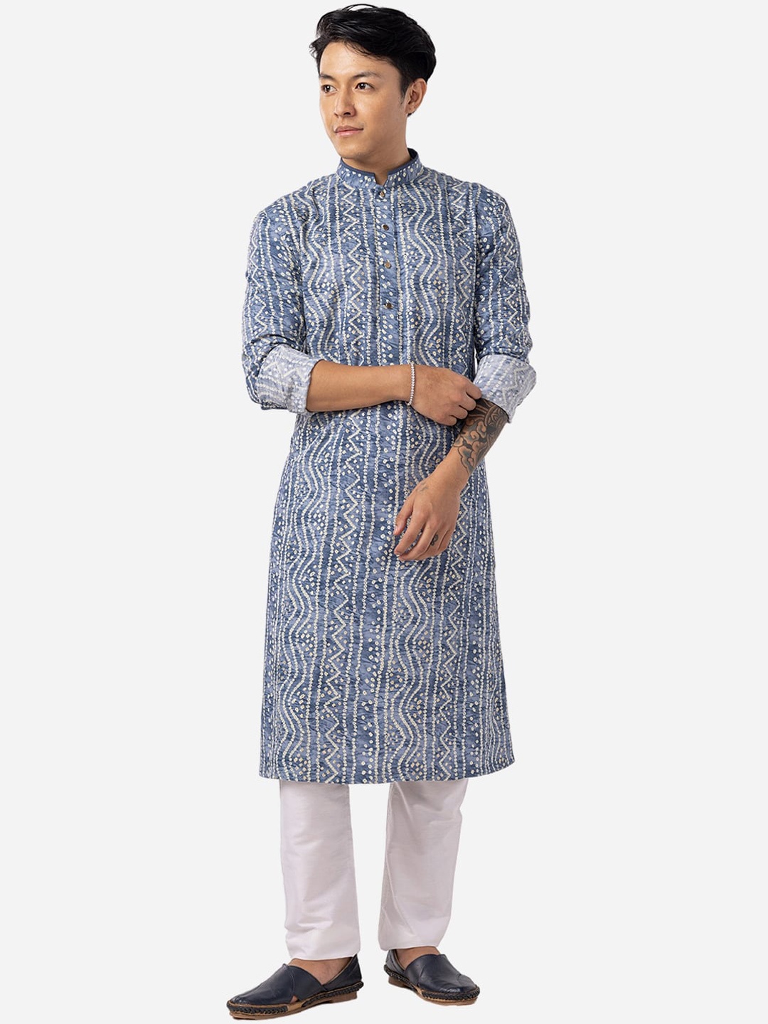 

THE KURTA COMPANY Bandhani Printed Mandarin Collar Kurta, Blue