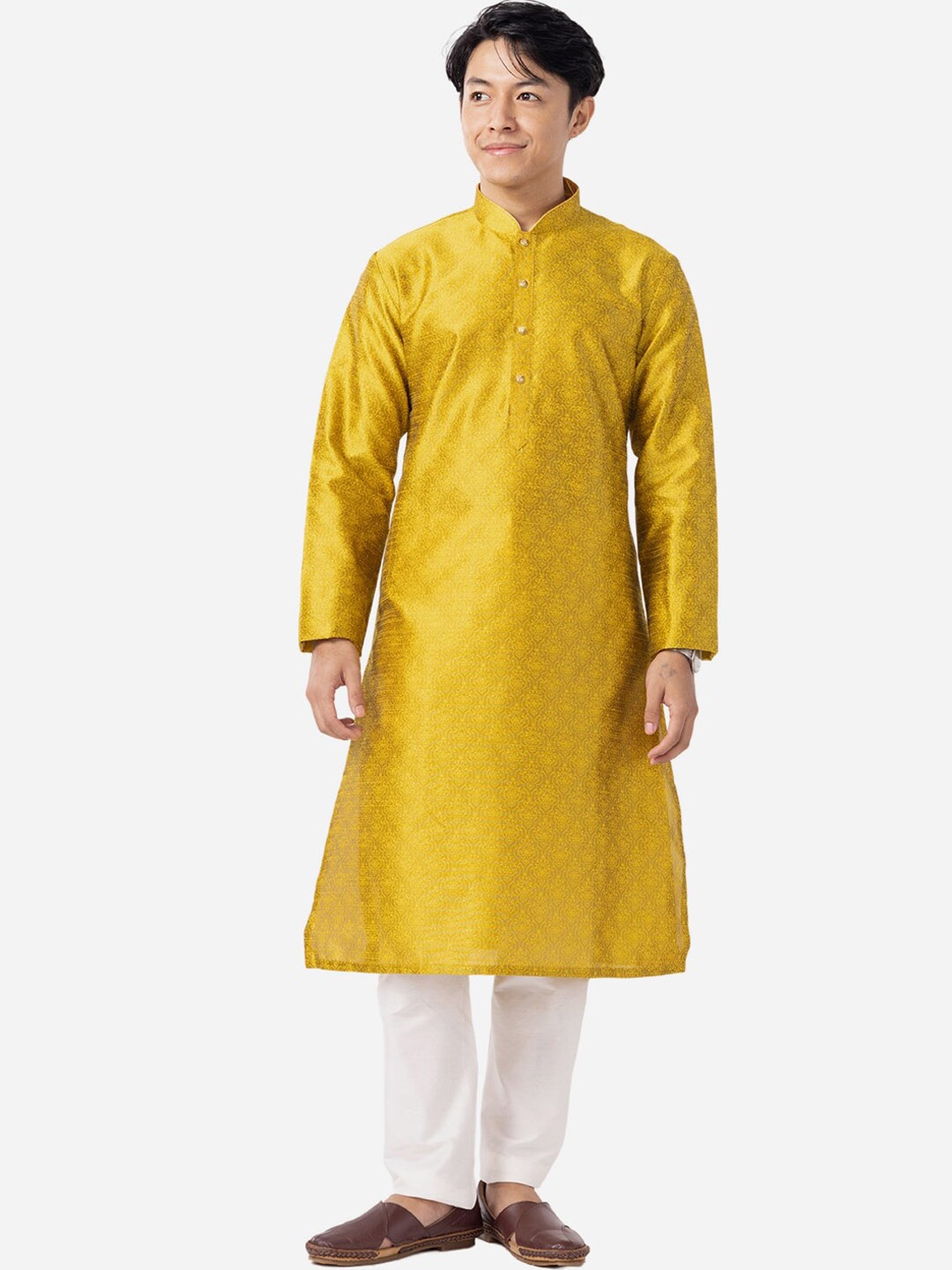 

THE KURTA COMPANY Ethnic Motifs Woven Design Cotton Silk Kurta, Yellow