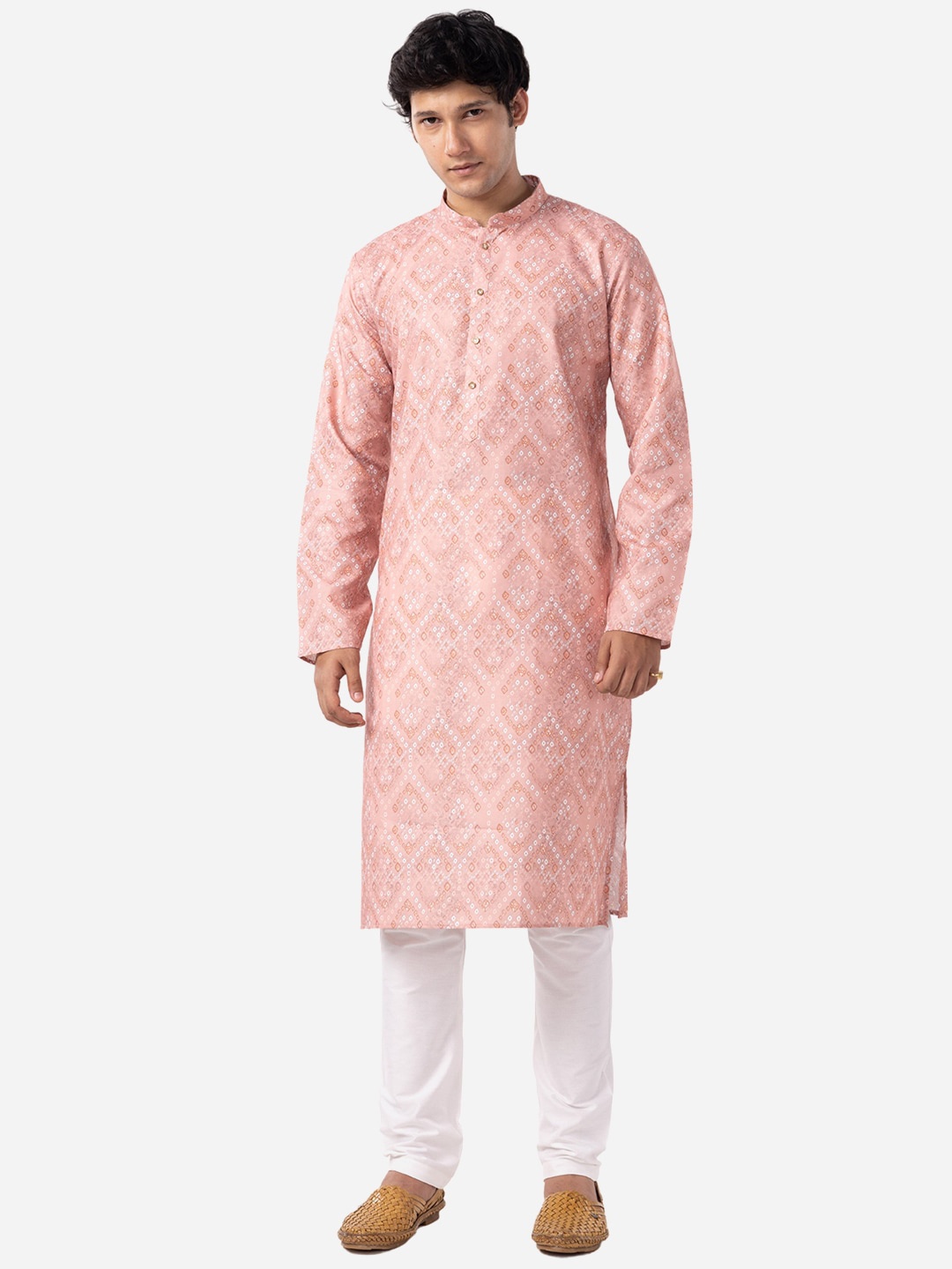 

THE KURTA COMPANY Geometric Printed Mandarin Collar Straight Kurta, Pink