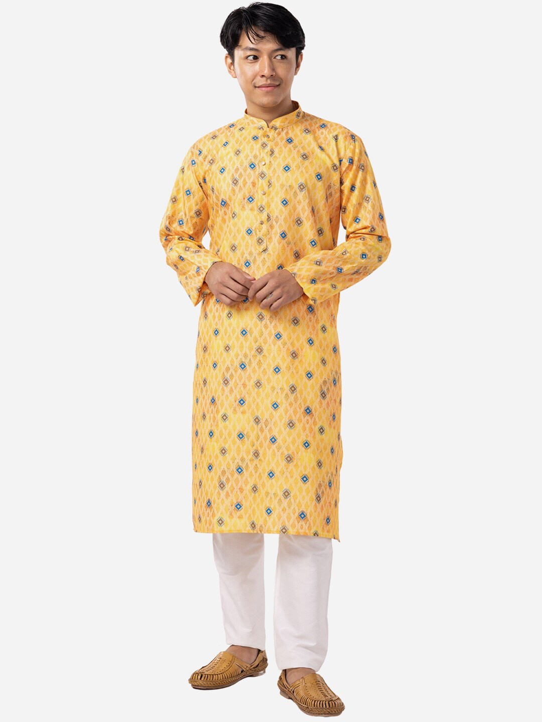 

THE KURTA COMPANY Geometric Printed Mandarin Collar Cotton Kurta, Yellow