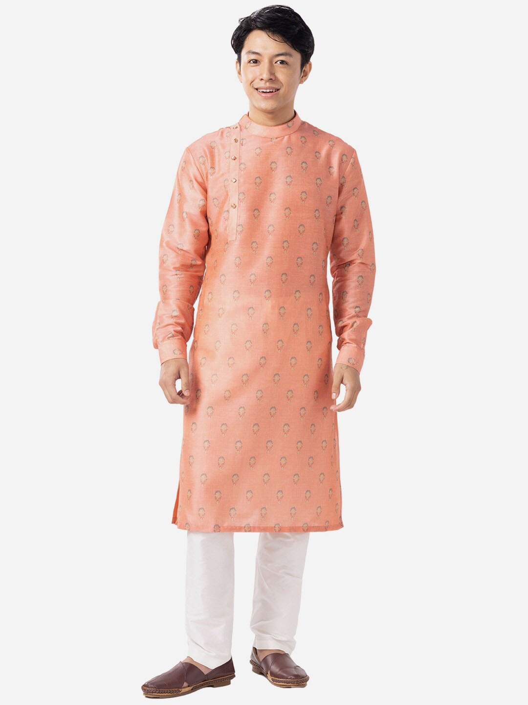 

THE KURTA COMPANY Ethnic Motifs Printed Band Collar Cotton Kurta, Orange