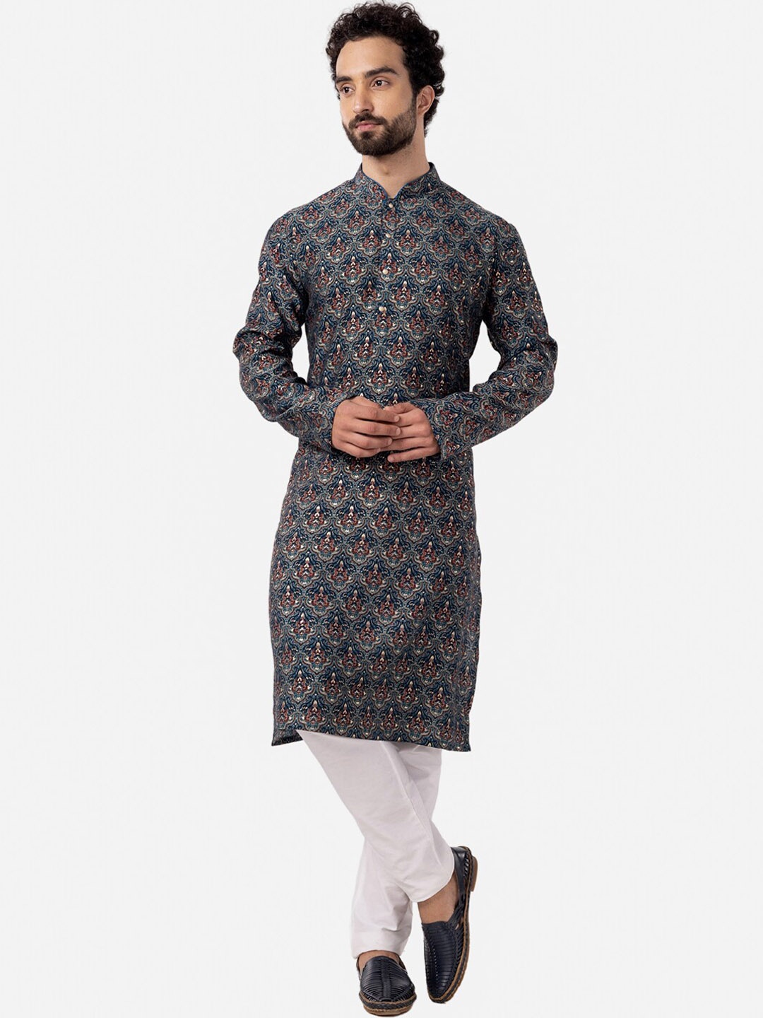 

THE KURTA COMPANY Ethnic Motifs Printed Mandarin Collar Straight Kurta, Blue