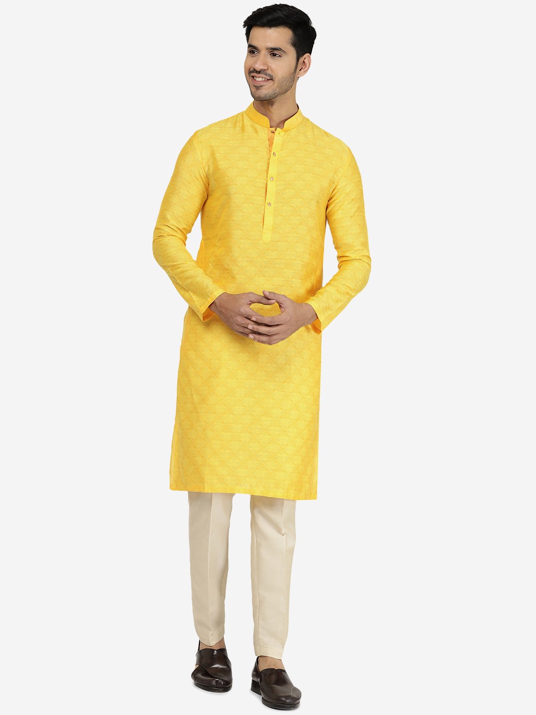 

THE KURTA COMPANY Geometric Woven Design Mandarin Collar Kurta, Yellow