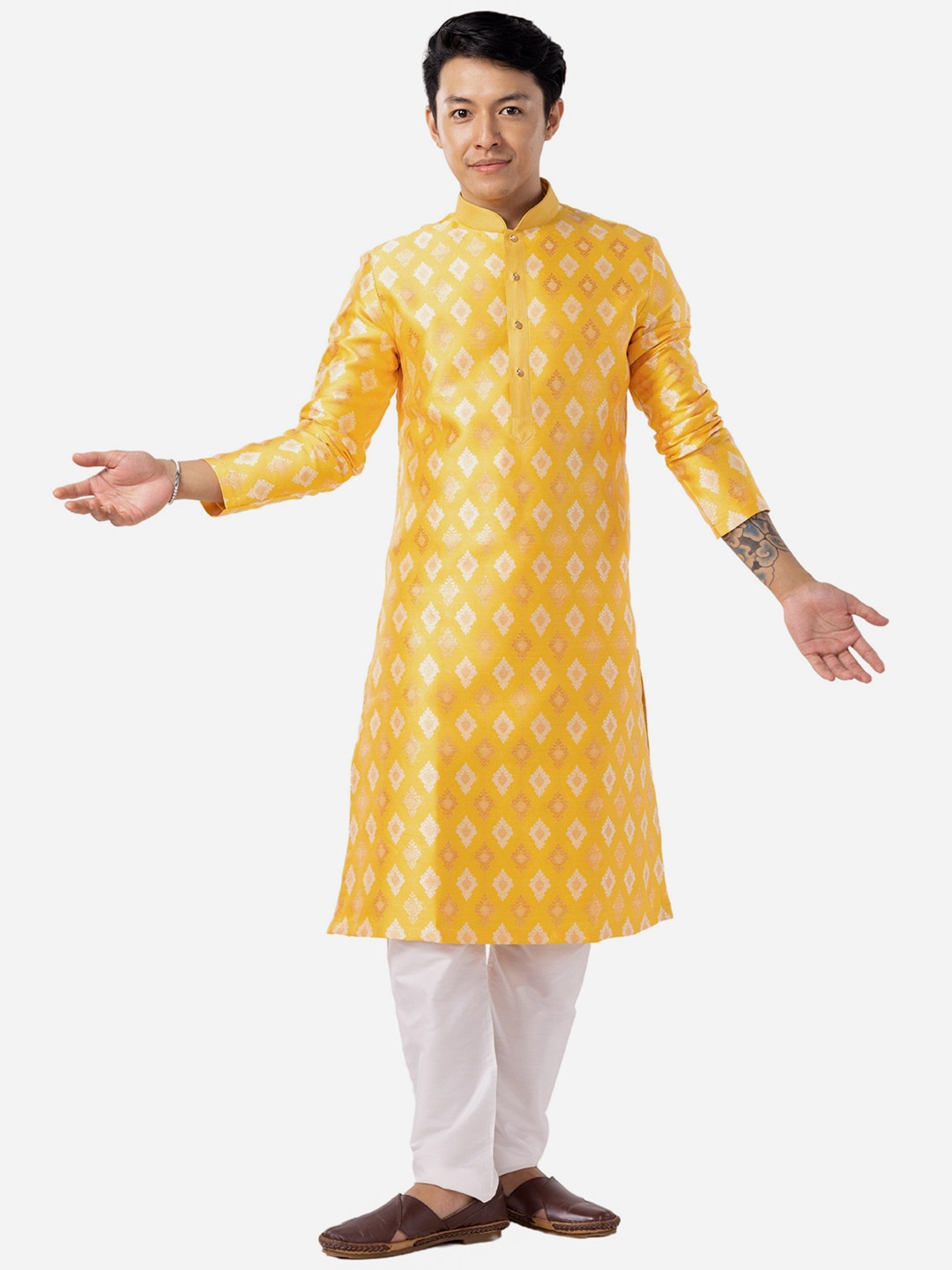 

THE KURTA COMPANY Ethnic Motifs Printed Jacquard Kurta, Yellow