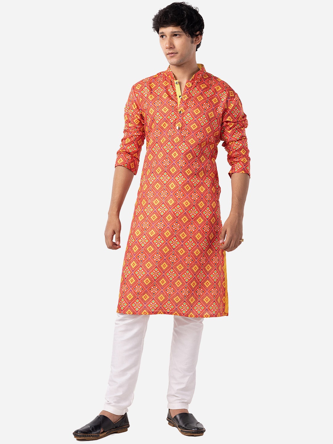 

THE KURTA COMPANY Ethnic Motifs Mandarin Collar Straight Cotton Kurta, Red