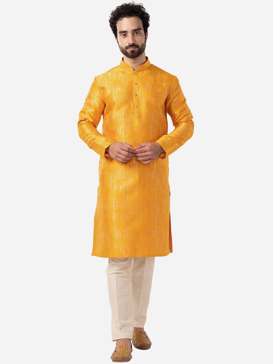 

THE KURTA COMPANY Men Woven Design Mandarin Collar Kurta, Yellow