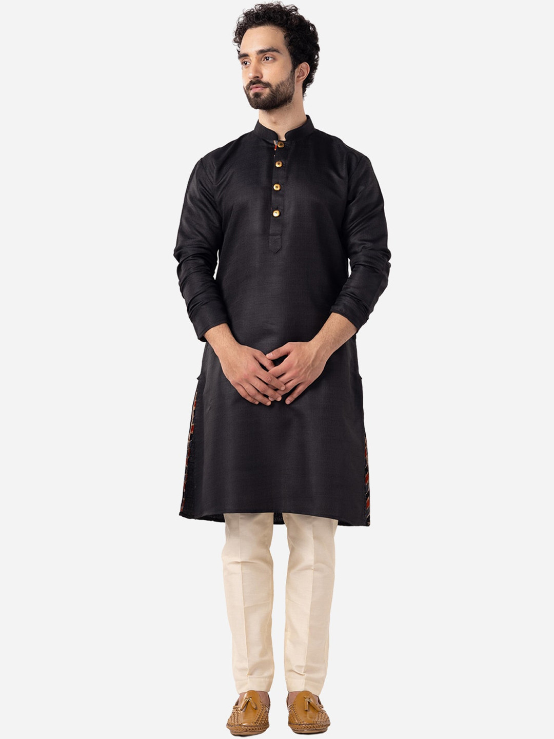 

THE KURTA COMPANY Mandarin Collar Straight Cotton Silk Kurta, Black