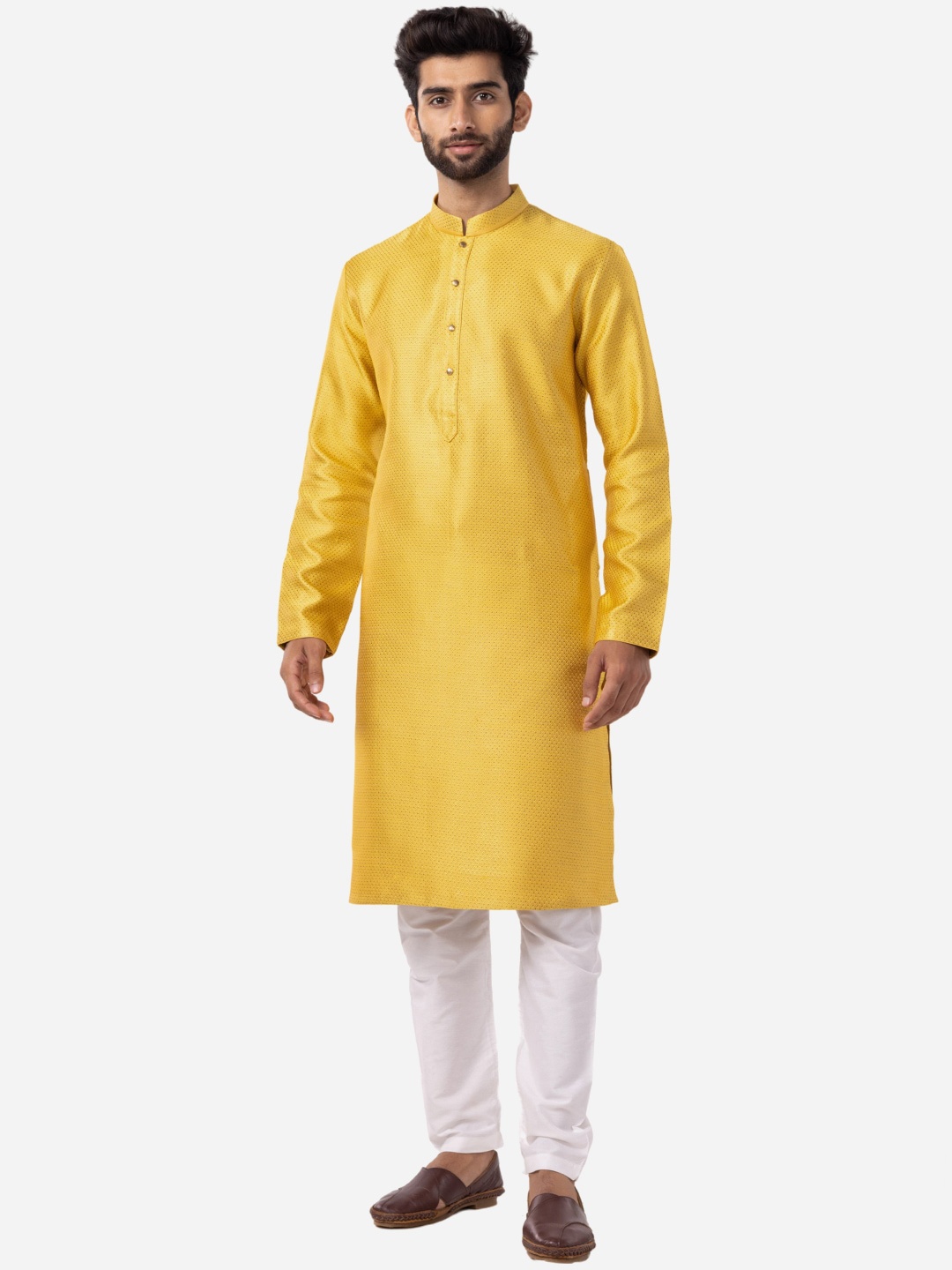 

THE KURTA COMPANY Ethnic Motifs Woven Design Mandarin Collar Kurta, Yellow