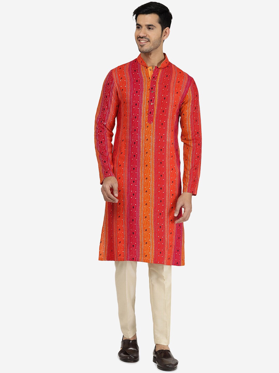 

THE KURTA COMPANY Ethnic Motifs Printed Mandarin Collar Straight Kurta, Pink