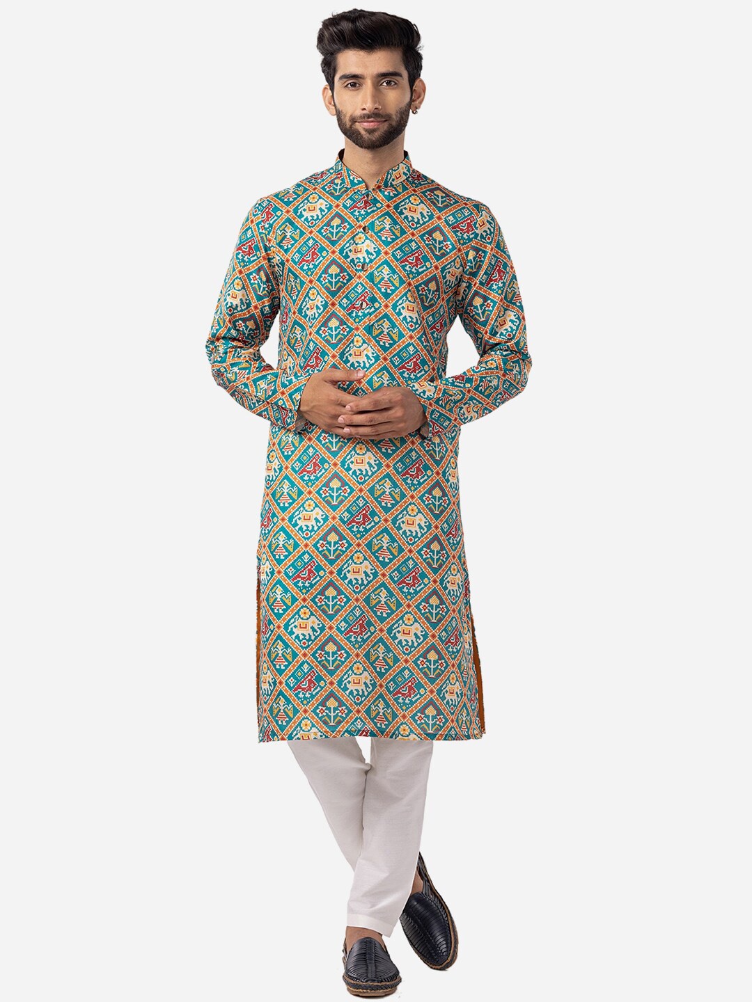 

THE KURTA COMPANY Ethnic Motifs Printed Mandarin Collar Tussar Silk Kurta, Green