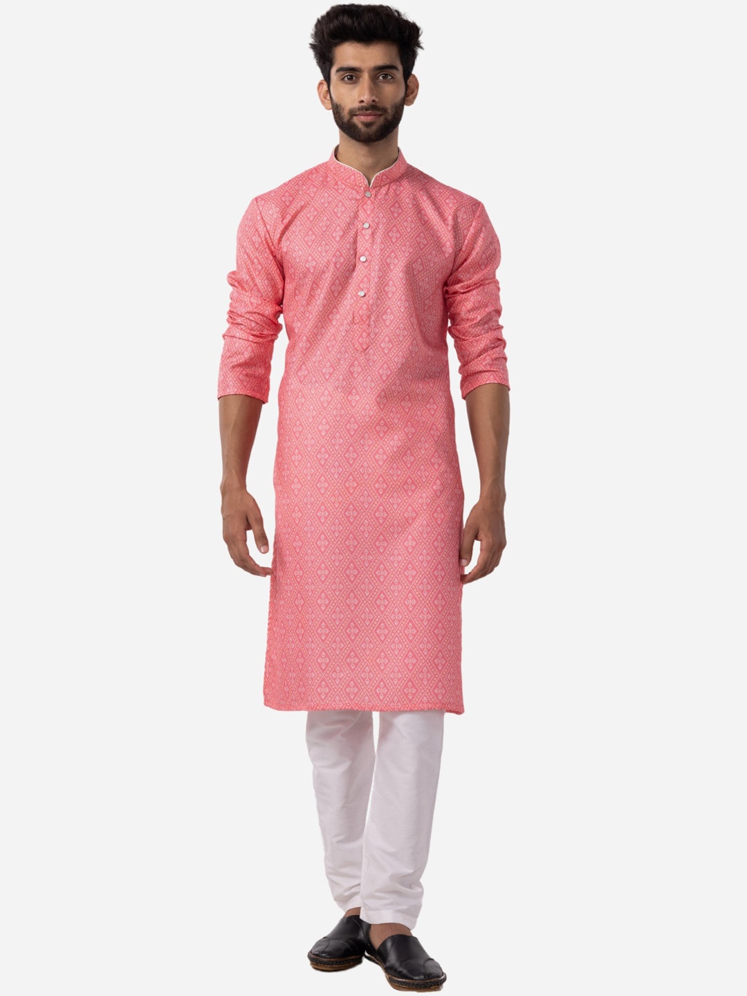 

THE KURTA COMPANY Floral Printed Mandarin Collar Straight Kurta, Pink
