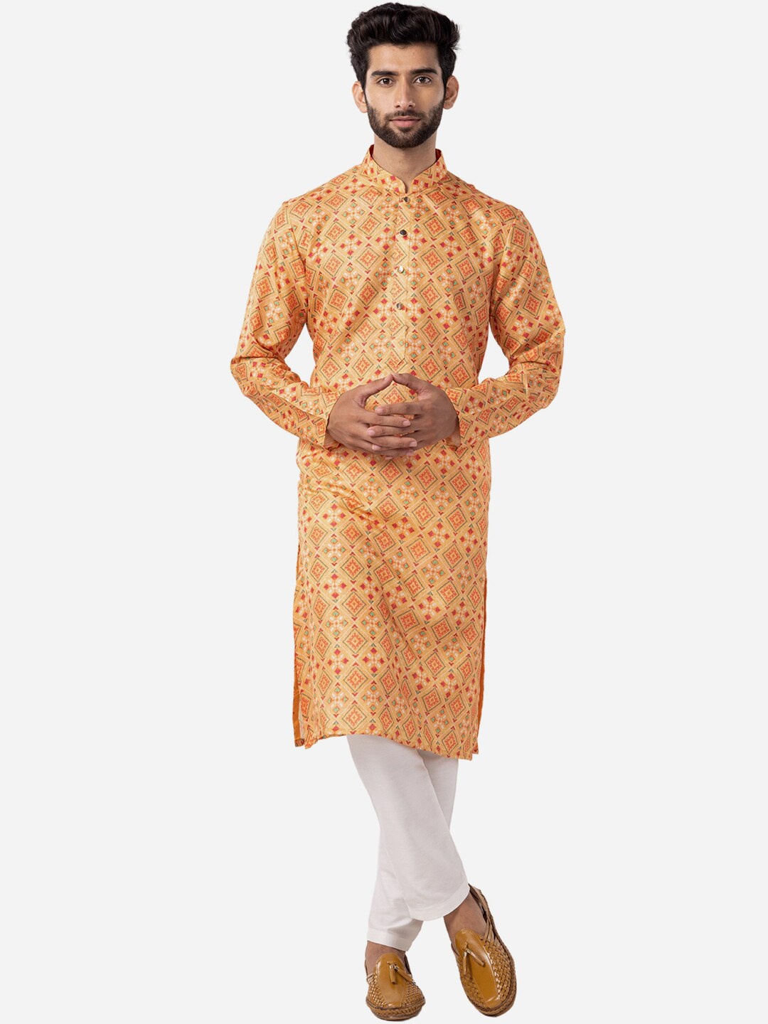 

THE KURTA COMPANY Ethnic Motifs Printed Mandarin Collar Straight Pure Cotton Kurta, Yellow