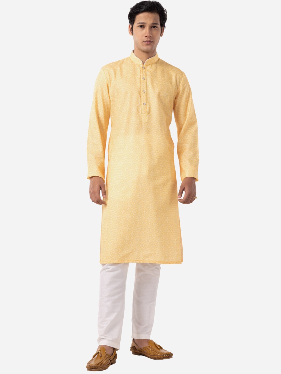 

THE KURTA COMPANY Ethnic Motifs Printed Mandarin Collar Straight Kurta, Yellow