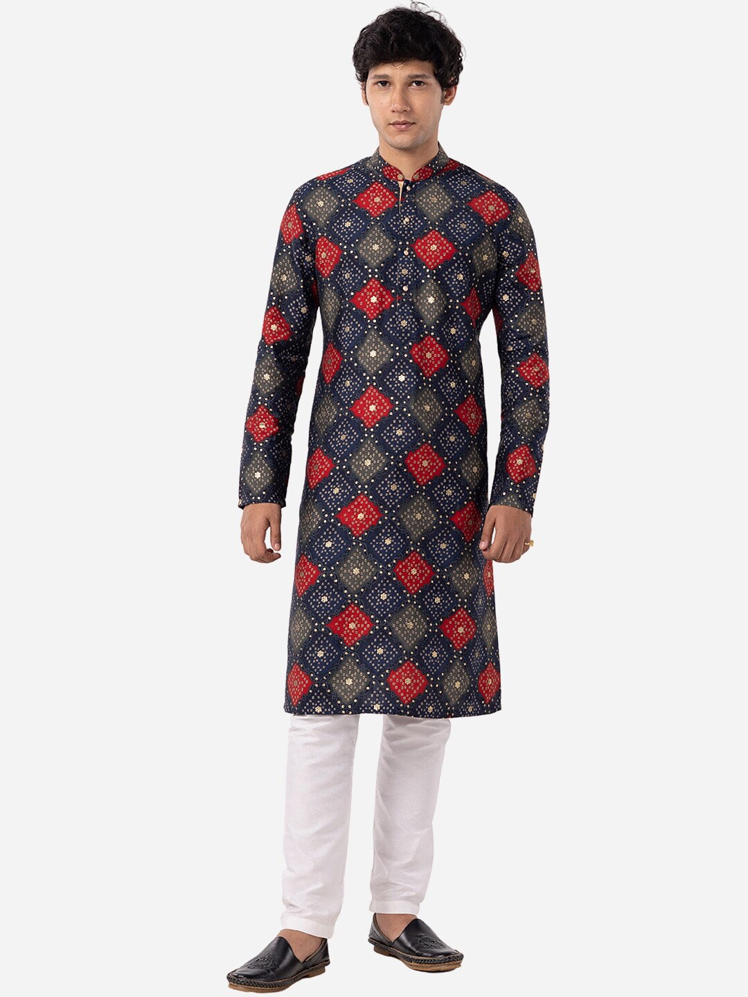 

THE KURTA COMPANY Bandhani Printed Mandarin Collar Kurta, Blue