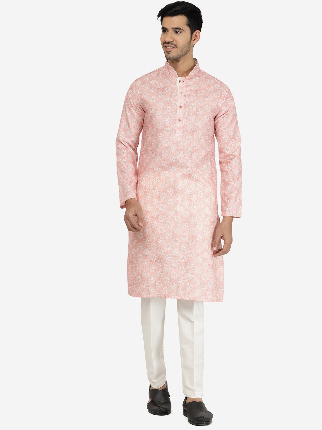 

THE KURTA COMPANY Men Ethnic Motifs Printed Cotton Silk Straight Kurta, Pink
