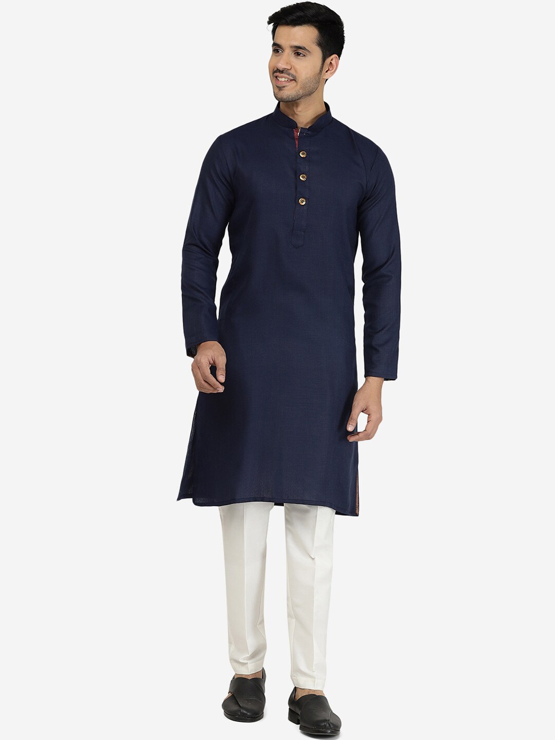 

THE KURTA COMPANY Mandarin Collar Cotton Silk Straight Kurta, Blue