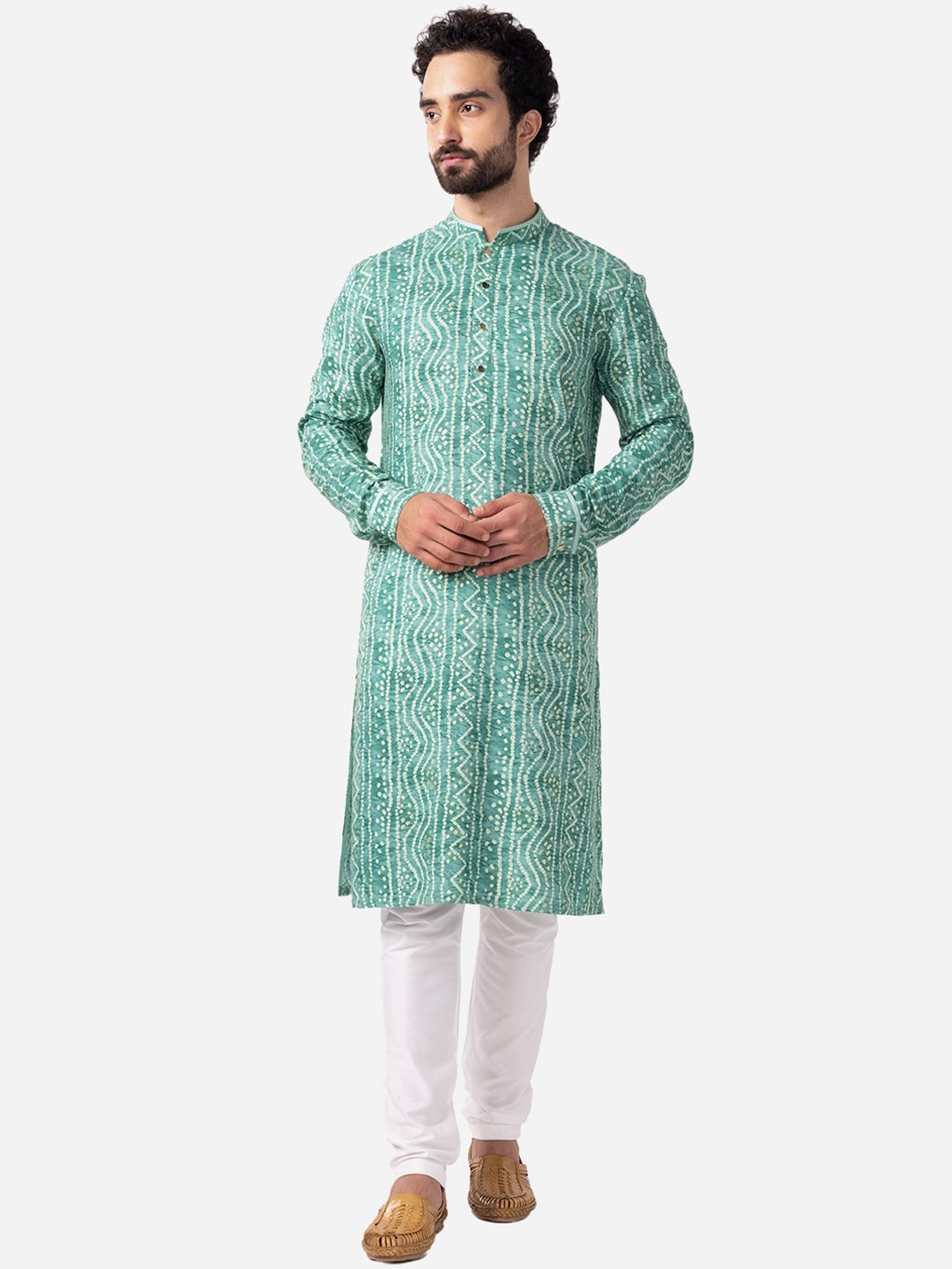 

THE KURTA COMPANY Bandhani Printed Mandarin Collar Straight Kurta, Pink