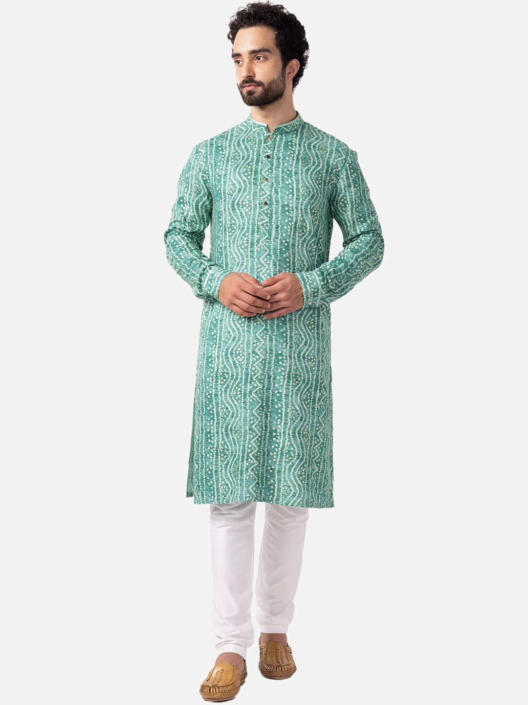 

THE KURTA COMPANY Bandhani Printed Mandarin Collar Straight Cotton Silk Kurta, Green