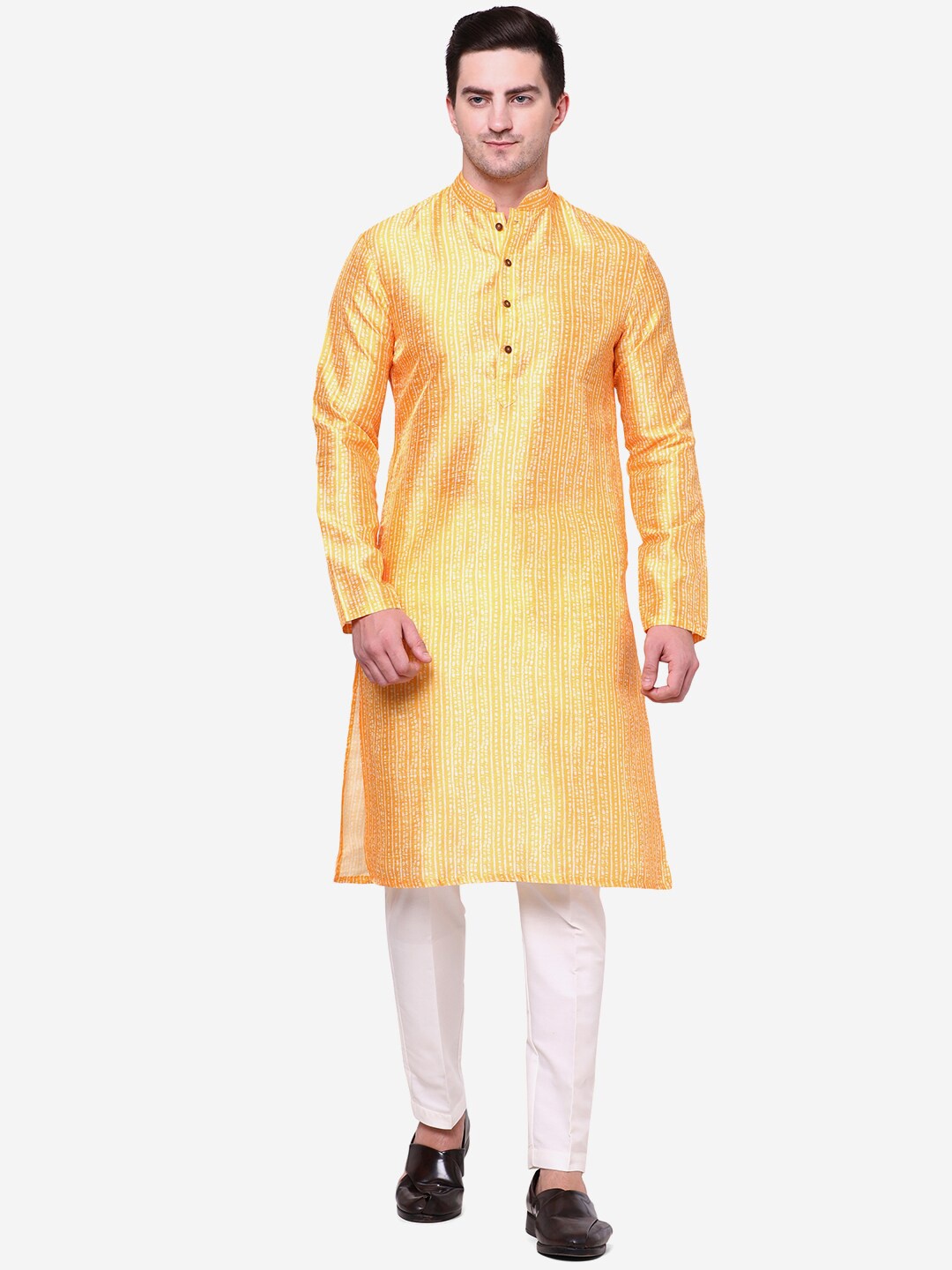 

THE KURTA COMPANY Striped Mandarin Collar Kurta, Yellow
