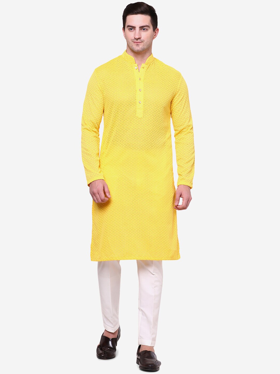 

THE KURTA COMPANY Floral Woven Design Cotton Mandarin Collar Kurta, Yellow
